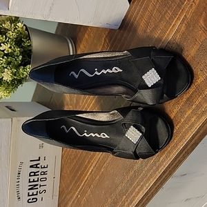 Nina Women's Black Satin Peep-Toe Heels with Crystal Accent